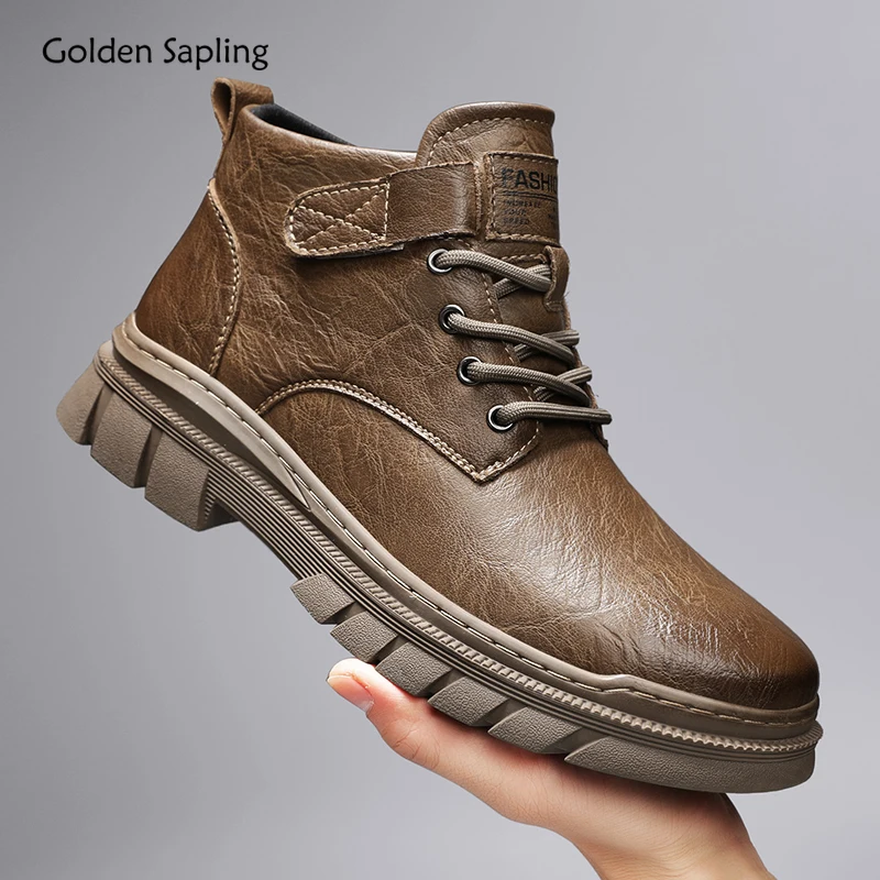 Golden Sapling Winter Boots for Men Retro Leather Shoes Classics Platform Footwear Comfortable Men's Motorcycle Boot Work Shoe