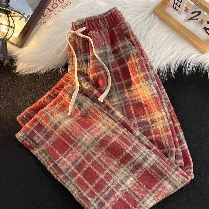 Karierte Damenhose, drapierter gerader Beinschnitt, lässig und geeignet für zierliche Figuren, Retro-Wollhose mit weitem Bein