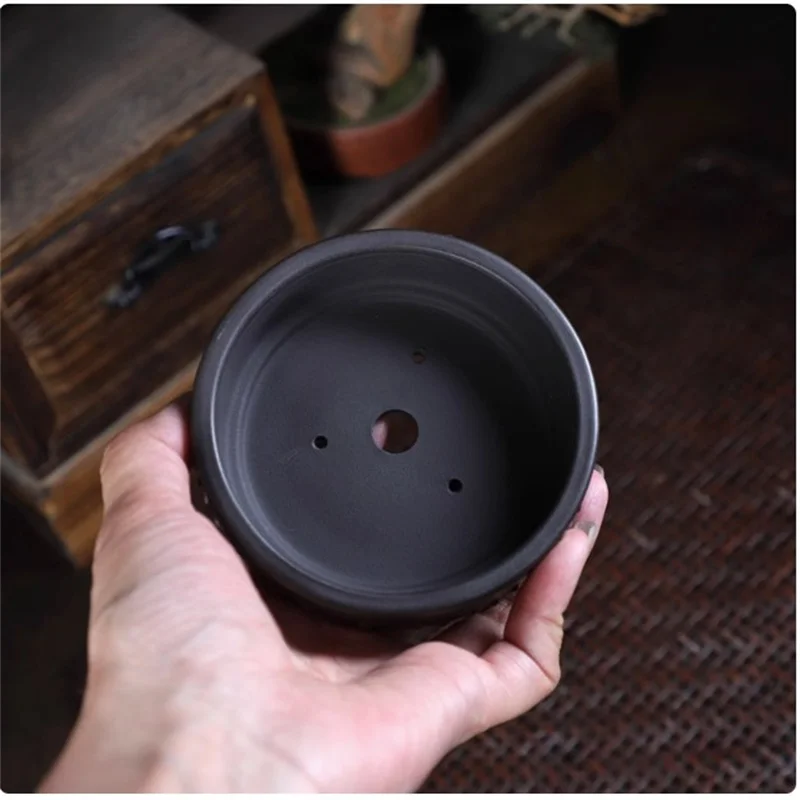 Ceramic Round Bonsai Pot, Drum-nail Nature, Purple-Sand, Traditional Chinese Room, Dormitory, Garden, Home Table Decoration - view 2