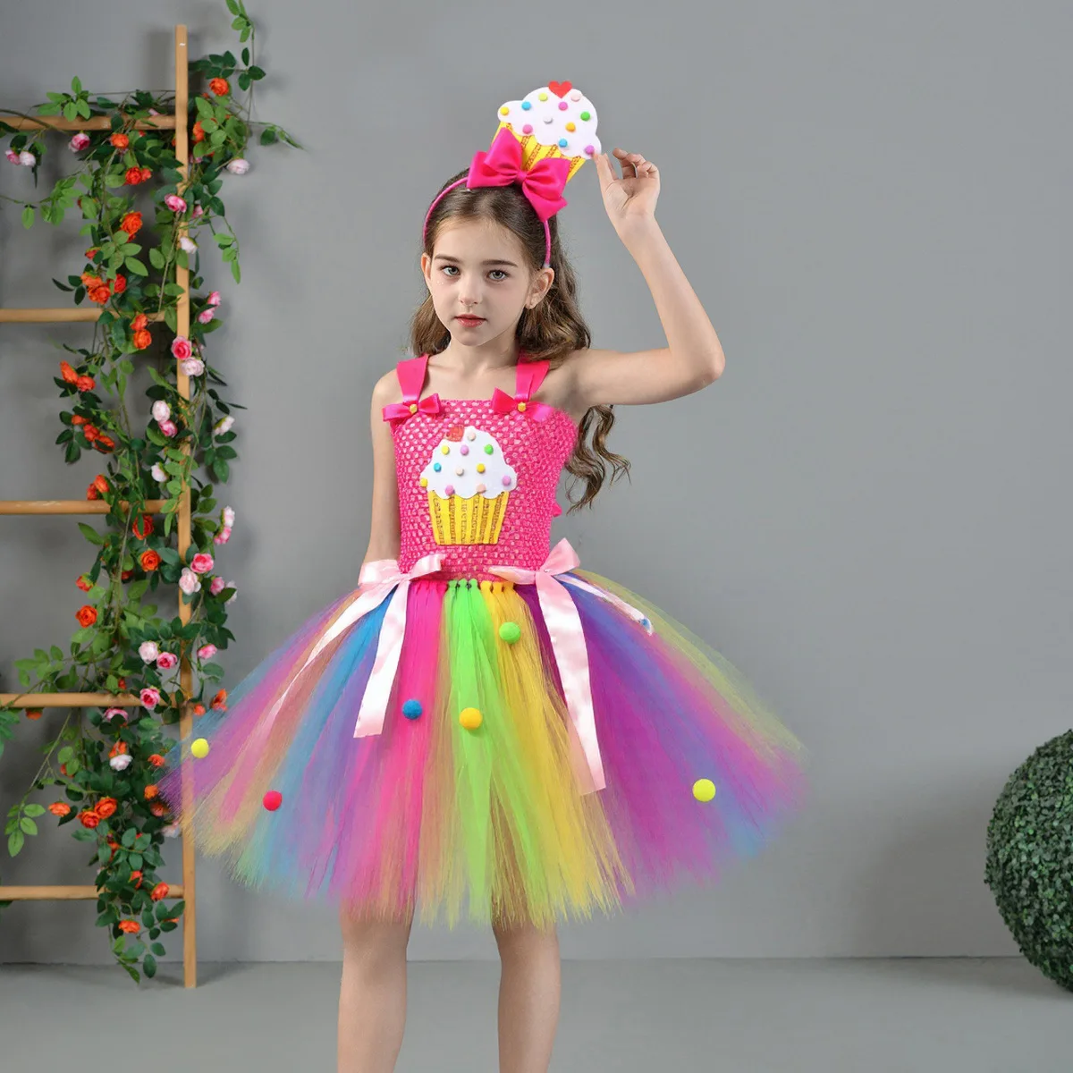 Candyland Tutu Dress Girls Lollipop Costume Dress Halloween Birthday Party Outfit Rainbow Kids Princess Gown Dresses with Wing
