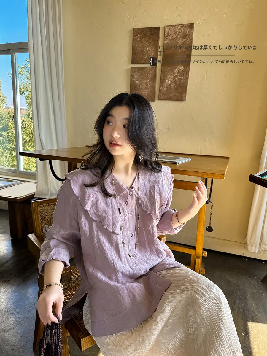 

Винтажная льняная рубашка Annforest для женщин, свободного кроя, с воротником-стойкой, универсальная, удобная, дышащая, с длинным рукавом, однотонная