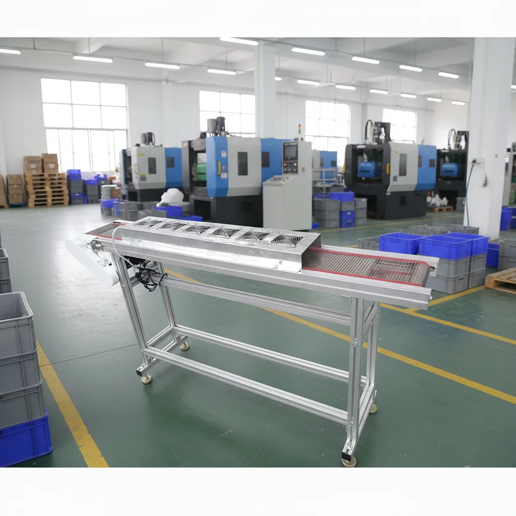 CE High Temperature Food Wire Mesh Belt Conveyor Machine with Cooling Fan for Injection Molding Machine Food Processing Plant