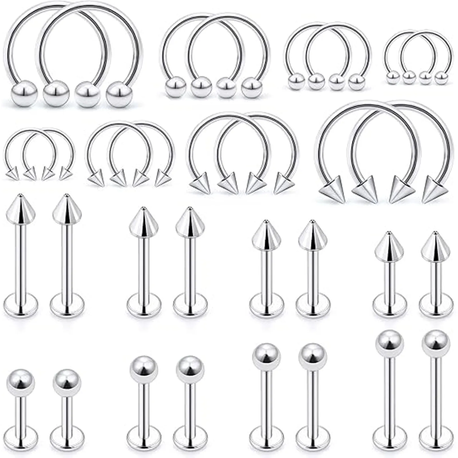 32 قطعة من حلقات الشفاه الفولاذية الجراحية مجوهرات Labret - ثقب دغة مونرو والأفعى، 16 جرام ترصيع اللولب/الديث/الزنمة للنساء والرجال