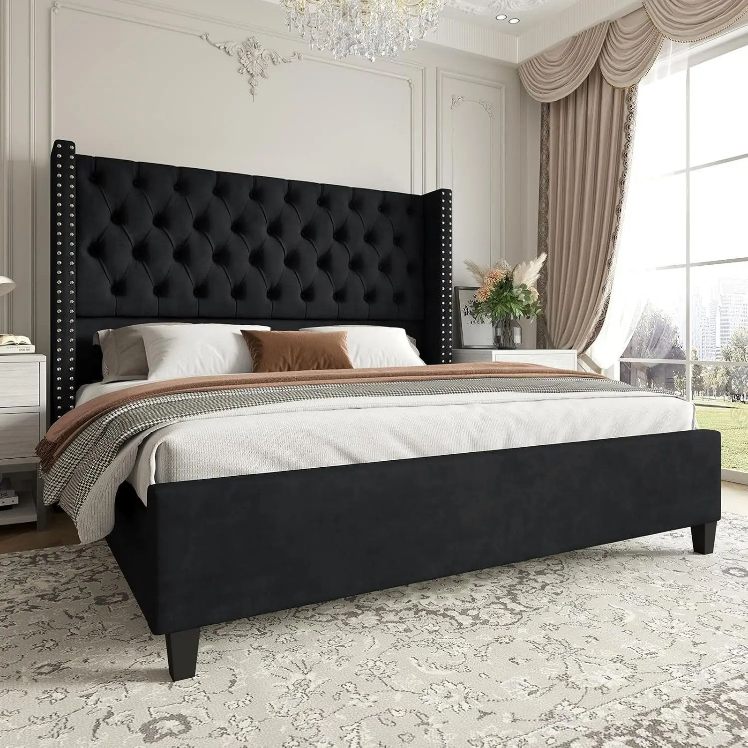 Queen Bed Frame Velvet Wingback Headboard 51.6