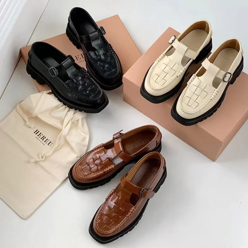 HEREU nuove scarpe autunnali in pelle da donna con fondo spesso British Square Head scarpe singole Weave Mary Jane Shoes aggiornamento del tessuto