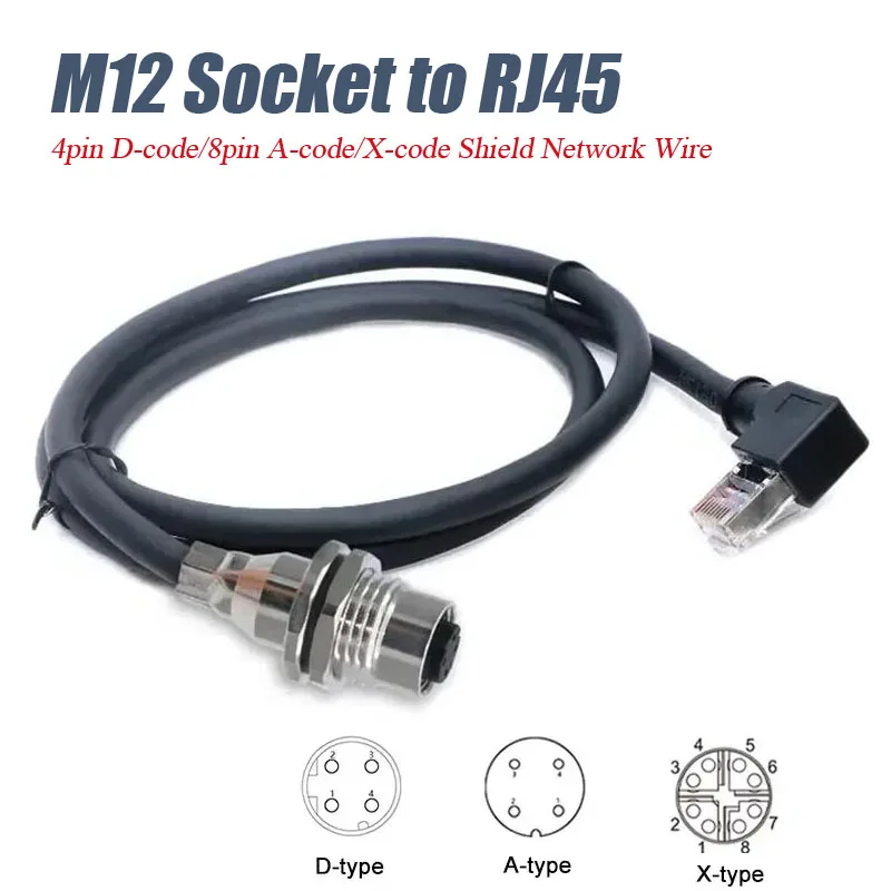 M12 8Pin X-type Panel Type Socket to RJ45 Connector Cable 4Pin D-type Network Plug to pj45 Straight Elbow Head Shielded Line