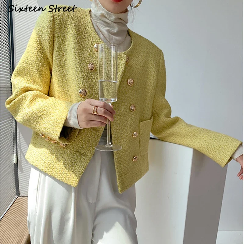 Yellow Golden Button Tweed Jacket Women Autumn Winter Vintage Business Woolen Cropped Coat Ladies Design Elegant Outerwear