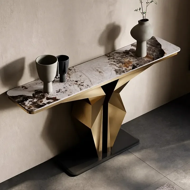 Modern Stainless Steel Entrance Table with Rock Slab Top Integrated Against Wall Console for Villa Hotel Living Room Home