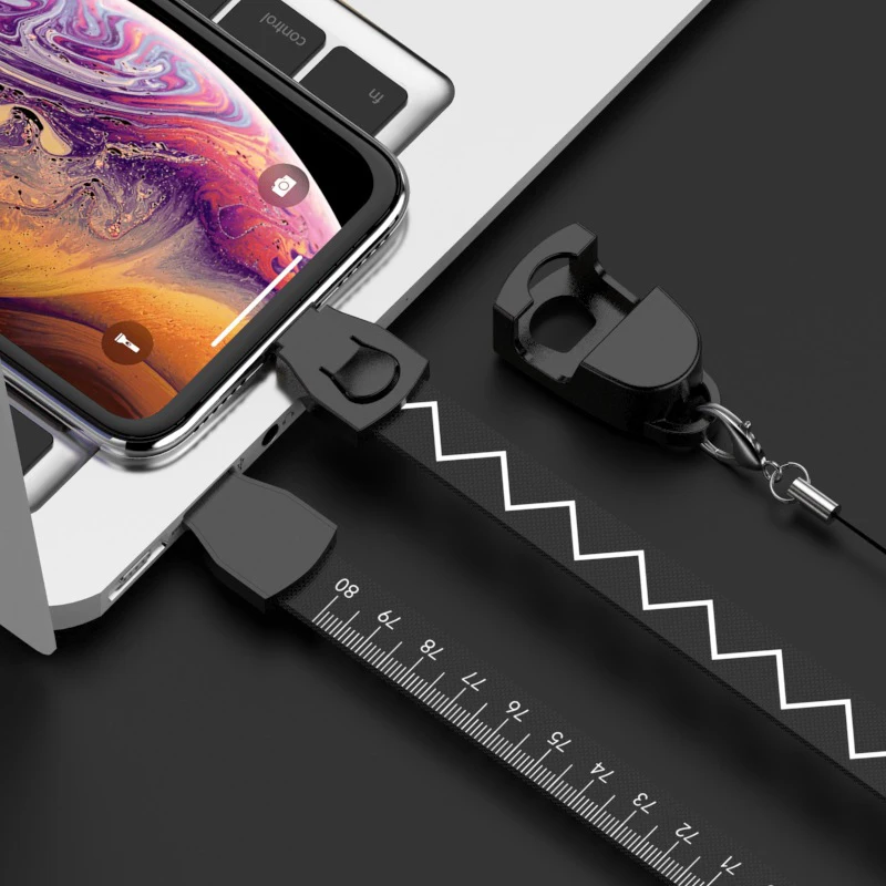 3in1 Multifunctional Charging Cable Lanyard Mobile Phone Straps Ropes Measure Band Tape Keychains Cable for iPhone Xiaomi Huawei