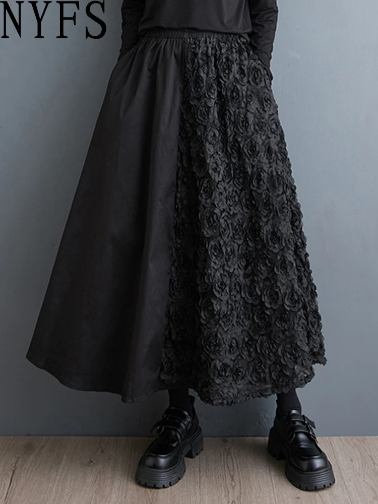 NYFS 2025 ربيع الخريف جديد امرأة التنانير الإناث عالية الخصر فضفاضة حجم كبير الصلبة ارتفع مقياس السمك نمط تنورة طويلة