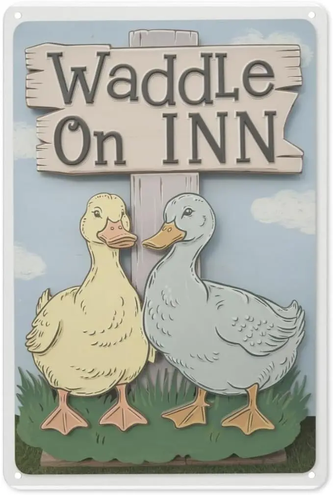 Duck Pond Tin Sign 8X12IN Whimsical Metal Wall Art for Garden Gate, Farmhouse Yard & Quirky Cafe Decor sign