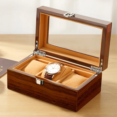 Caja de reloj de grano de madera de lujo negra, caja de almacenamiento de colección de cajas de reloj mecánico de cuarzo con 3 ranuras para hombre