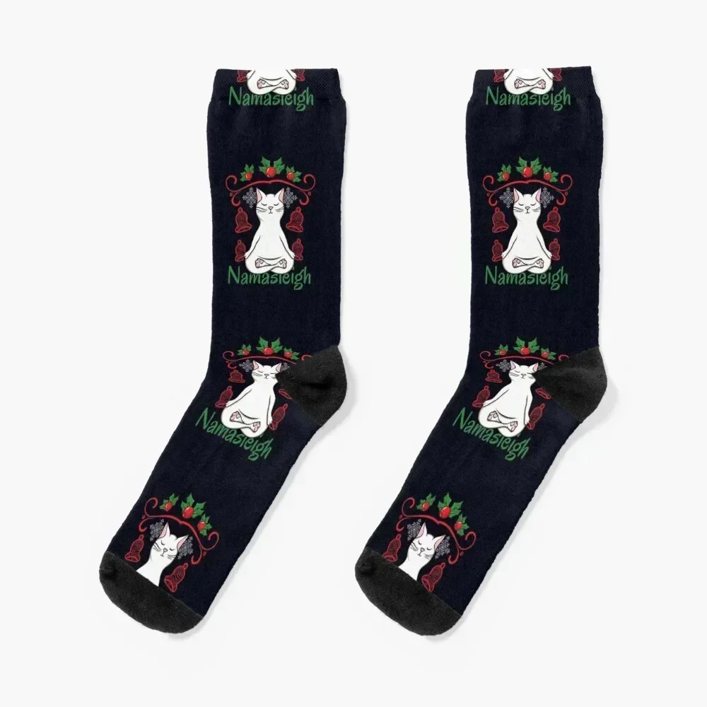 

Namasleigh - Cat Yoga Christmas Humor Socks crazy ankle Christmas custom Designer Man Socks Women's