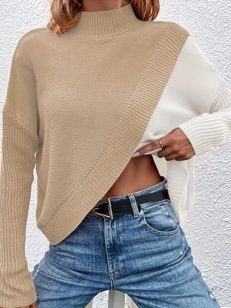 Casual Knitted Pullover Fashion Khaki White Patchwork Long Sleeve Sweater Autumn/Winter O-neck Office Sweater Pull Femme 28223