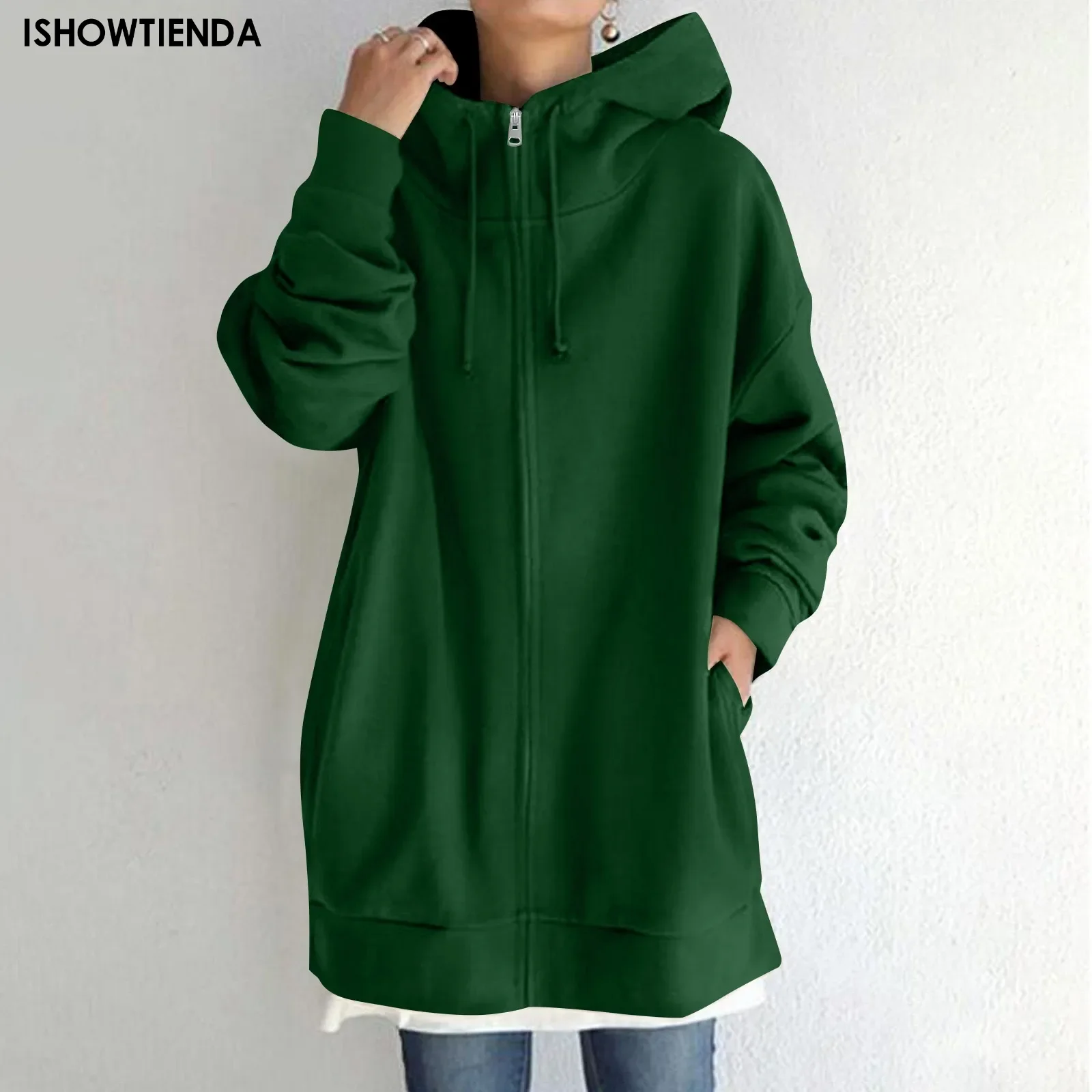 

Women's Hooded Zipper Sweatshirt Winter Solid Color Long Sleeve Baggy Mid-length Coat With Pockets Elegant Outwear With Pockets