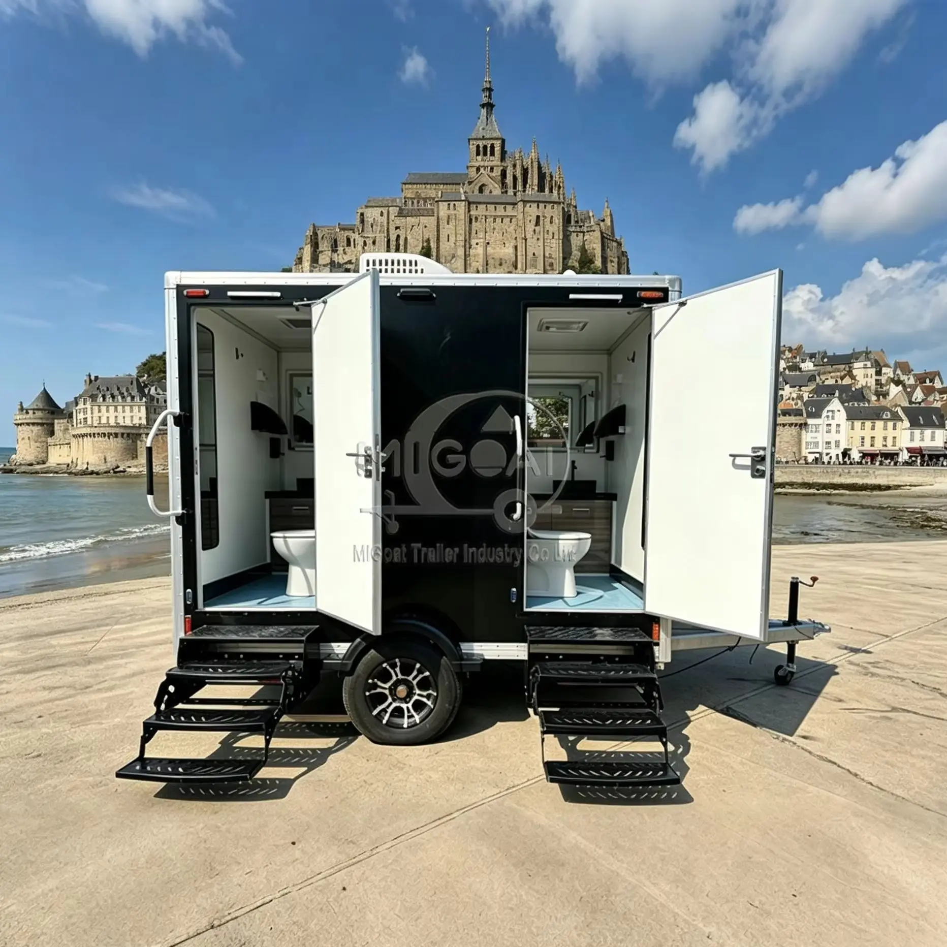 White double Compartment Commercial Restroom Trailer 2-Axle Multi-user Mobile Lavatory for Park Construction& Municipal Project