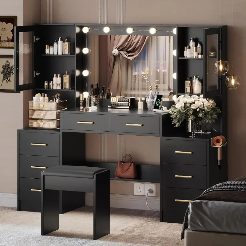 Large Vanity Desk with Mirror & Lights, Makeup Vanity with 10 LED Lights, 8 Metal Sliding Drawers & 2 Cabinets