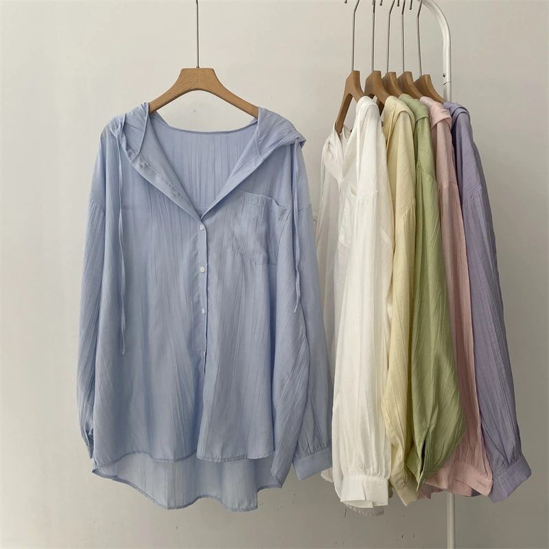 

Korean Pleated Fabric Women's Summer Casual Lightweight Air Conditioned Sun Protection irt Coat Long Sve Hooded Mid-Length