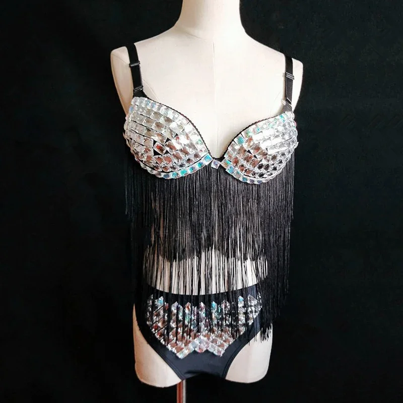 

2025 New Tassel Rhinestone Bikini Sexy DS DJ Leading Dancer Performance Costume Pole Dance Clothing Female Singer Stage Clothes