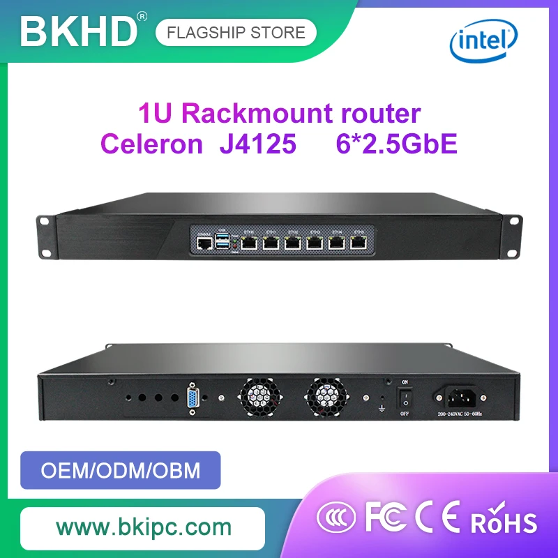 BKHD 1U 랙 마운트 이더넷 배치, 방화벽, 셀러론, J4125, I226, 6x 2.5GbE, Pfsense, MikrotikOS와 호환