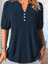 Plus Size 1XL-5XL Solid Color Swiss Polka Dot Hollow Collar Decoration Top Casual Fashion Versatile Shirt Commuting Elegant Top