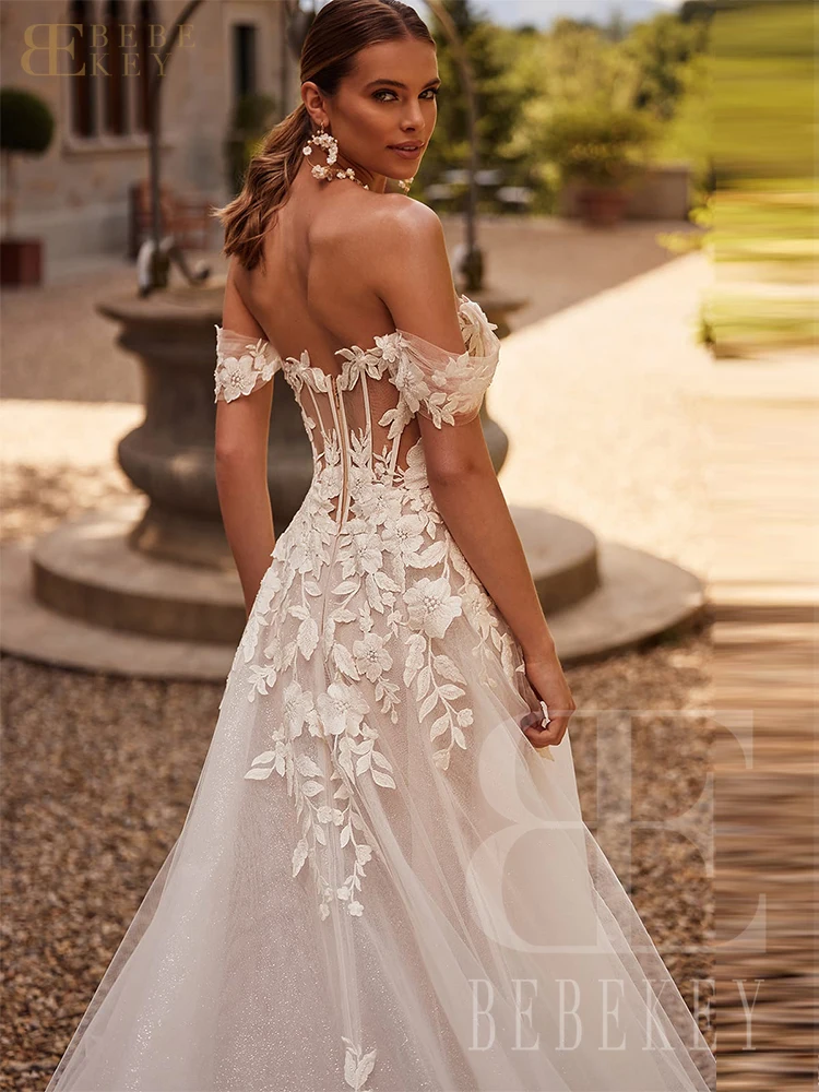 BEBEKEY Tule Uit de Schouder Trouwjurk Applicaties A-lijn Bruid Jurk Aangepaste Formele Party Gown Robe vestidos de novia