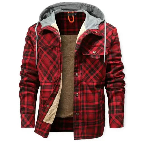 

Men's Winter Jacket Plaid Flannel Lined Hooded Oversize Cotton Windproof Warm Coat Casual Loose Fit