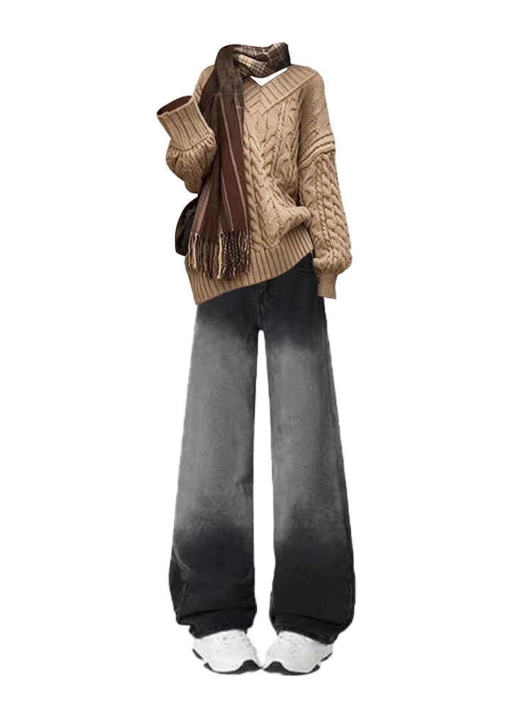 Laid-ba Maglione lavorato a maglia vintage V-ne da donna Autunno Inverno Lanterna lunga Sve Top e jeans Set vestibilità ampia Casual Faion