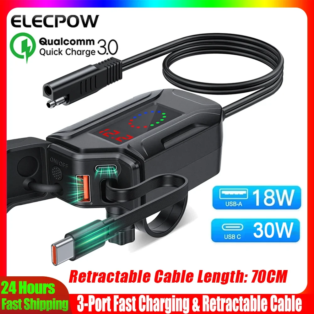 QC3.0 Motorrad-Schnellladegerät 30W PD 18W USB-A mit einziehbarem Typ-C-Kabel, Spannungsanzeige, IP65 wasserdichtes Motorrad-Handy-Ladegerät