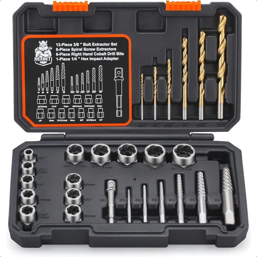 

REXBETI 26Piece Bolt Extractor Screw Extractor Set and Cobalt Drill Bit Set Case with 13Piece Bolt Extractor 6Piece HSS Drill B