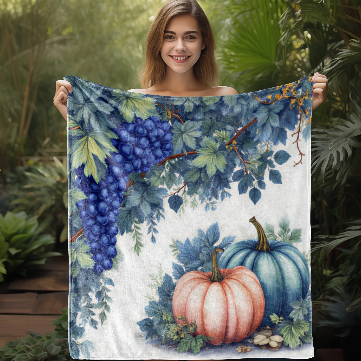 1pc Sdoo Flannel Blanket - Soft Warm Throw with Vintage Fall Harvest Design (Grapes, Pumpkins, Leaves) - All-Season Couch, Bed,
