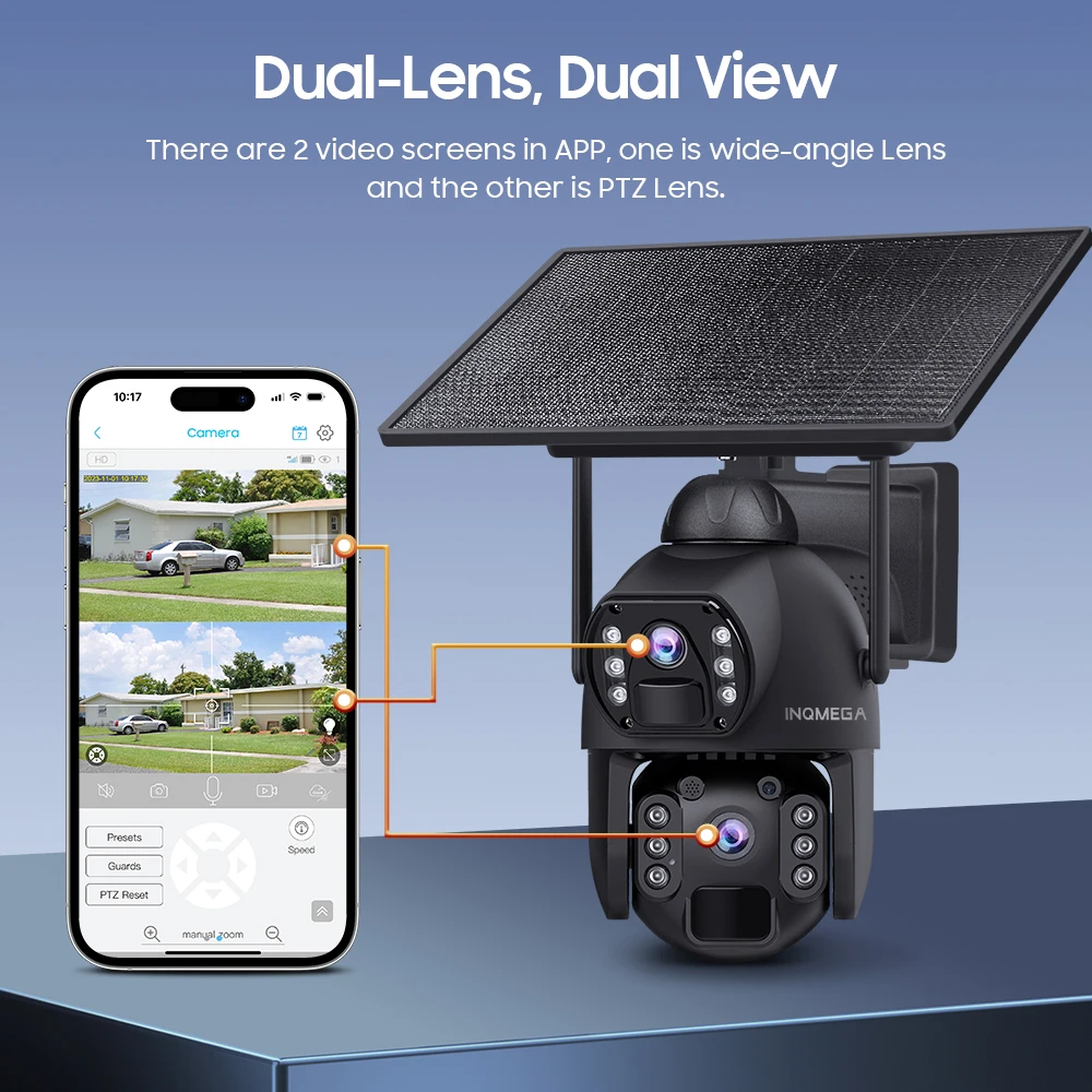 INQMEGA AOV 4G Solar Camera 6MP 3K Dual Lens Outdoor Surveillance Cameras 24/7 Video Recording Auto Tracking PTZ Night Vision