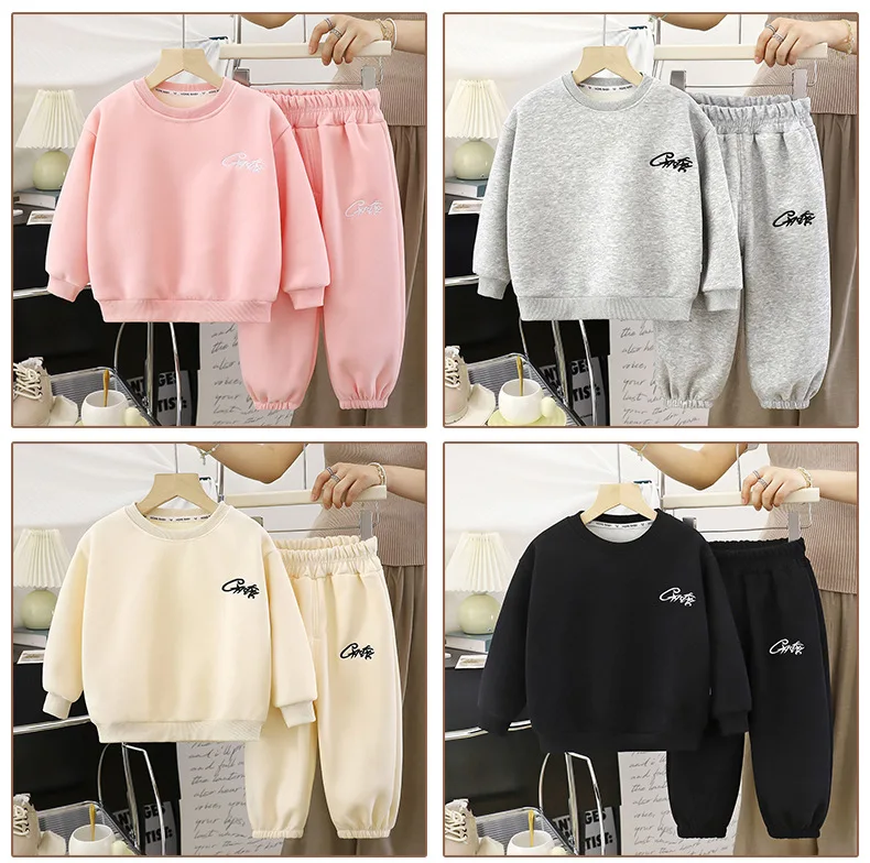 Herbst-Winter Kinderkleidung Fleece-Sweatshirt-Sets für Jungen und Mädchen mit Buchstaben-Stickerei Pullover+Hose 2-teiliger Lässiger Trainingsanzug für Kinder – Detail 9