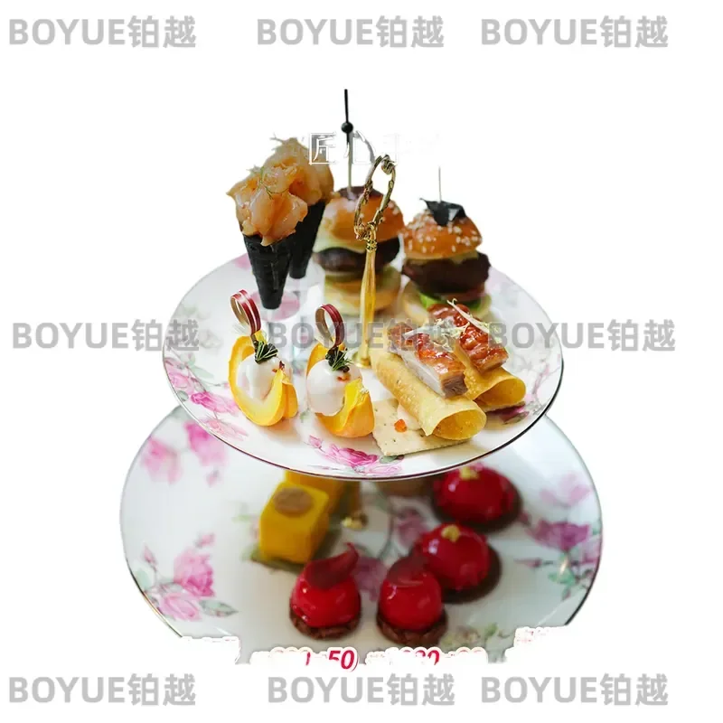 Vintage Style Red Blue Rose Double Dessert Plate Fruit Dish Serving Tray Elegant Afternoon Tea Snack Display Rack Home Decor