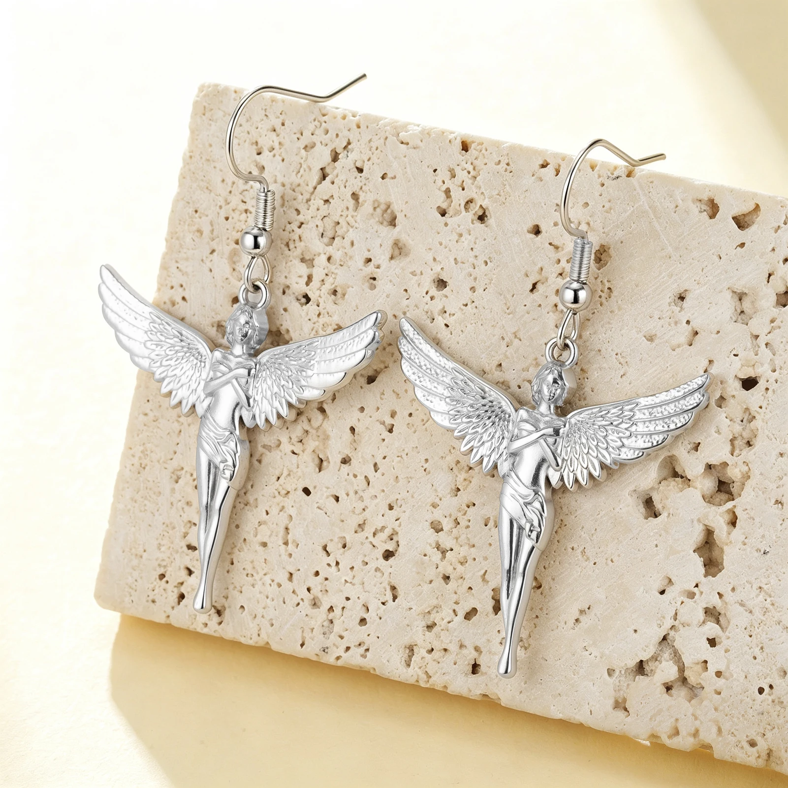 Guardian Angel Dangle Earrings Winged Angel Hook Earrings Stainless Steel Faith Protection Religious Drop Ear Jewelry for Women