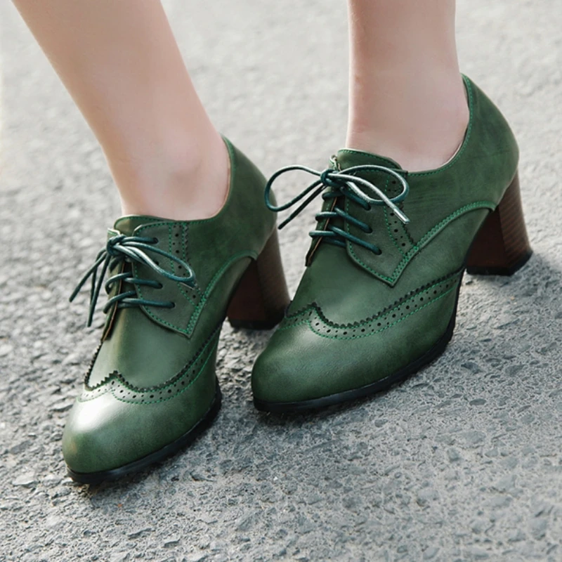 

Vintage Women's High Heels Loafer Shoes New 2025 Lace-up Black White Green Heeled Party Footwear Office Shoes Female Big Size