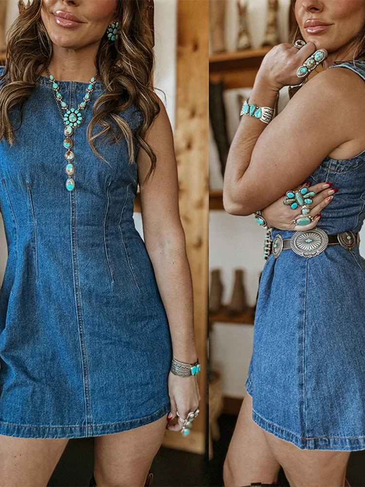 

Women's Distressed Sleeveless Summer Denim Dress Stylish Waist-Cinching Mini Length For Woman Elegant Casual Daily Vacation Wear