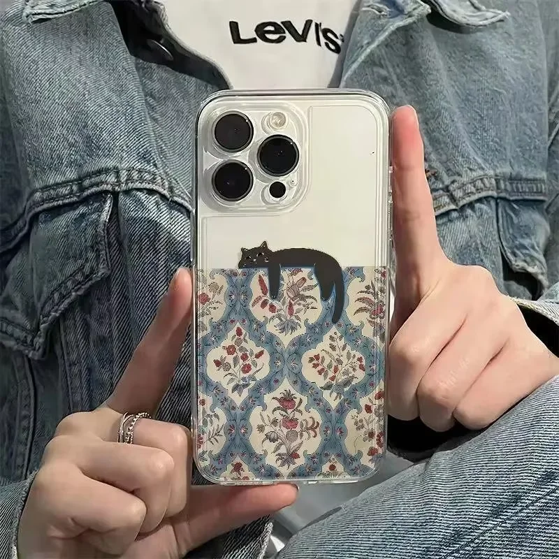 Retro Black Cat Pattern Vintage Phone Case For iPhone 18 17 16 15 14 13 12 11 Pro MAX XR XS 17air 7 8 Plus 16e Transparent Cover view 2