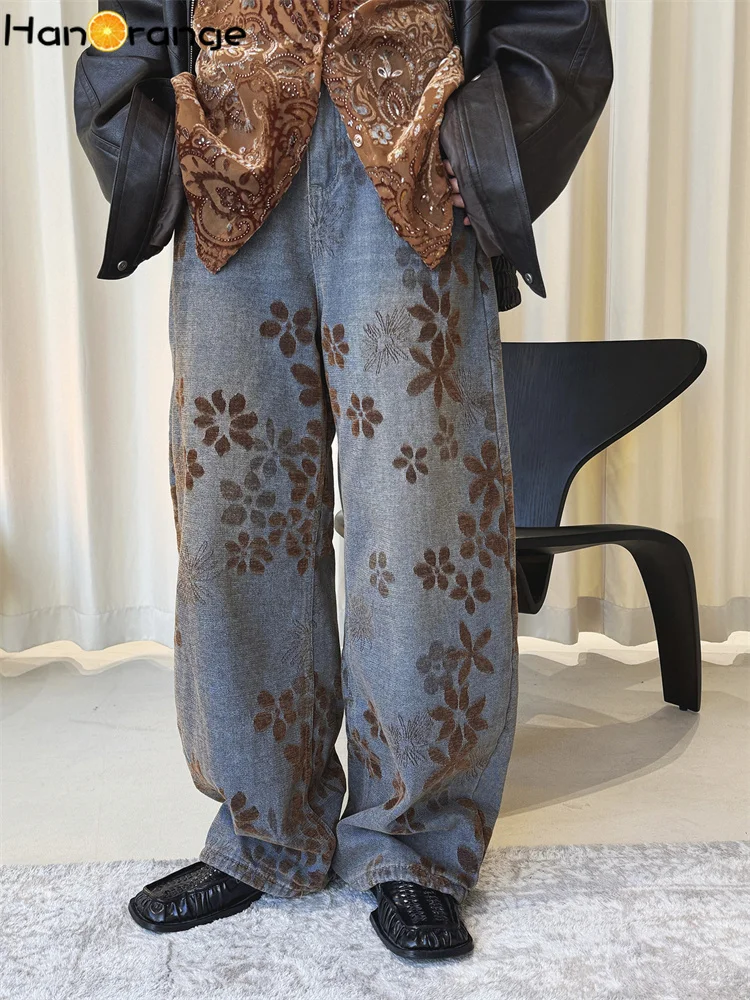 

HanOrange 2025, зимние ретро флисовые желтые джинсы с вышивкой и изогнутыми ножками, женские свободные джинсовые брюки с силуэтом, винтажные желтые