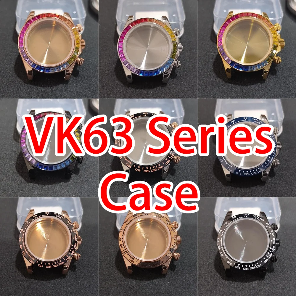 

39.3mm VK 63 Series Watch Case For VK 63 Movement Stainless Steel Cases Men Watches Accessories 20mm Strap Multi color selection