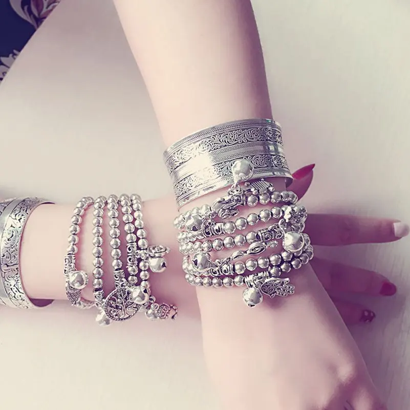 موضة الفضة مطلي سوار مُزين بالخرز الحيوانات سحر بوهو التبتية العرقية نمط الكفة أساور واسعة خمر مجوهرات النساء الهندية