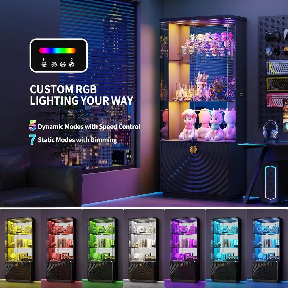 71 Glass Display Cabinet, 4-Tier Curio with 3-Color LED Lights, Lockable, Sensor-Activated, Tall Bookcase with Shelves & Door view 4