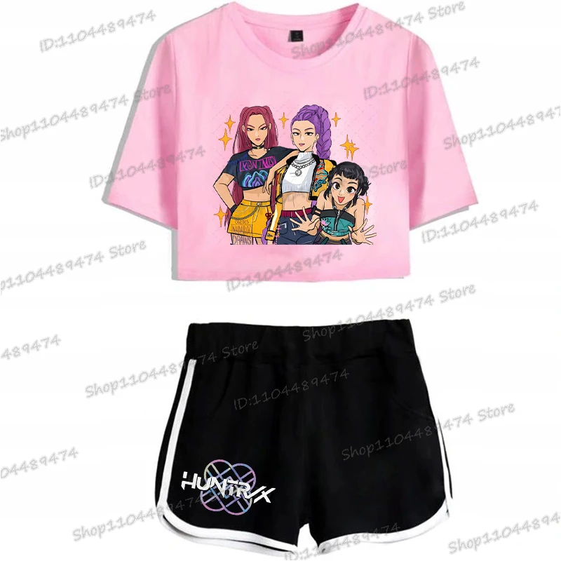 

Women Crop Top Set Kpop Demon Hunters Cartoon T-shirts Anime Shorts Cartoon Teen Girls Spring Autumn Casual 2Pc Suit Clothes