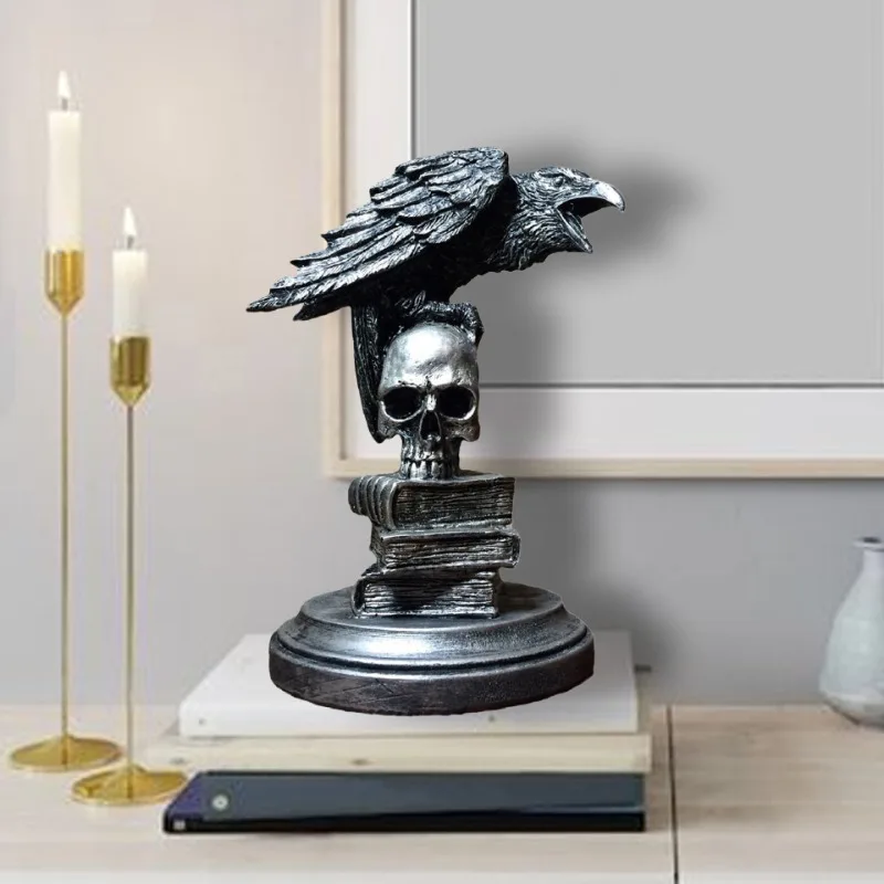 Halloween Gothic Crow Skull Statue Craft Realistic Atmosphere Home Desktop Resin Figurine Ornament Gifts Realistic Garage Kit