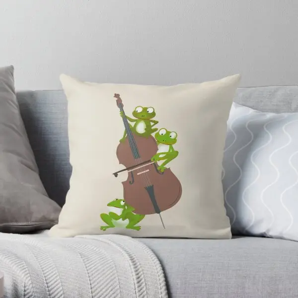 Three Funny Frogs Playing The Double Bas  Printing Throw Pillow Cover Waist Hotel Office Bed Throw Pillows not include One Side