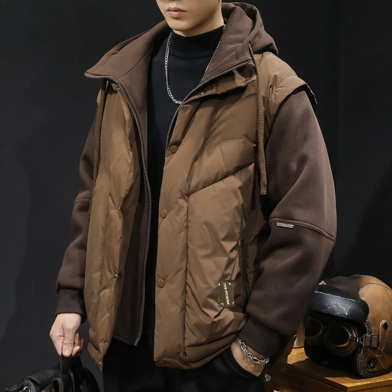 Męska kurtka z kapturem, imitacja dwuczęściowej, ocieplana bawełną, nowa, modna, markowa odzież robocza, bluza z kapturem, patchworkowy płaszcz, duży rozmiar, modny płaszcz.