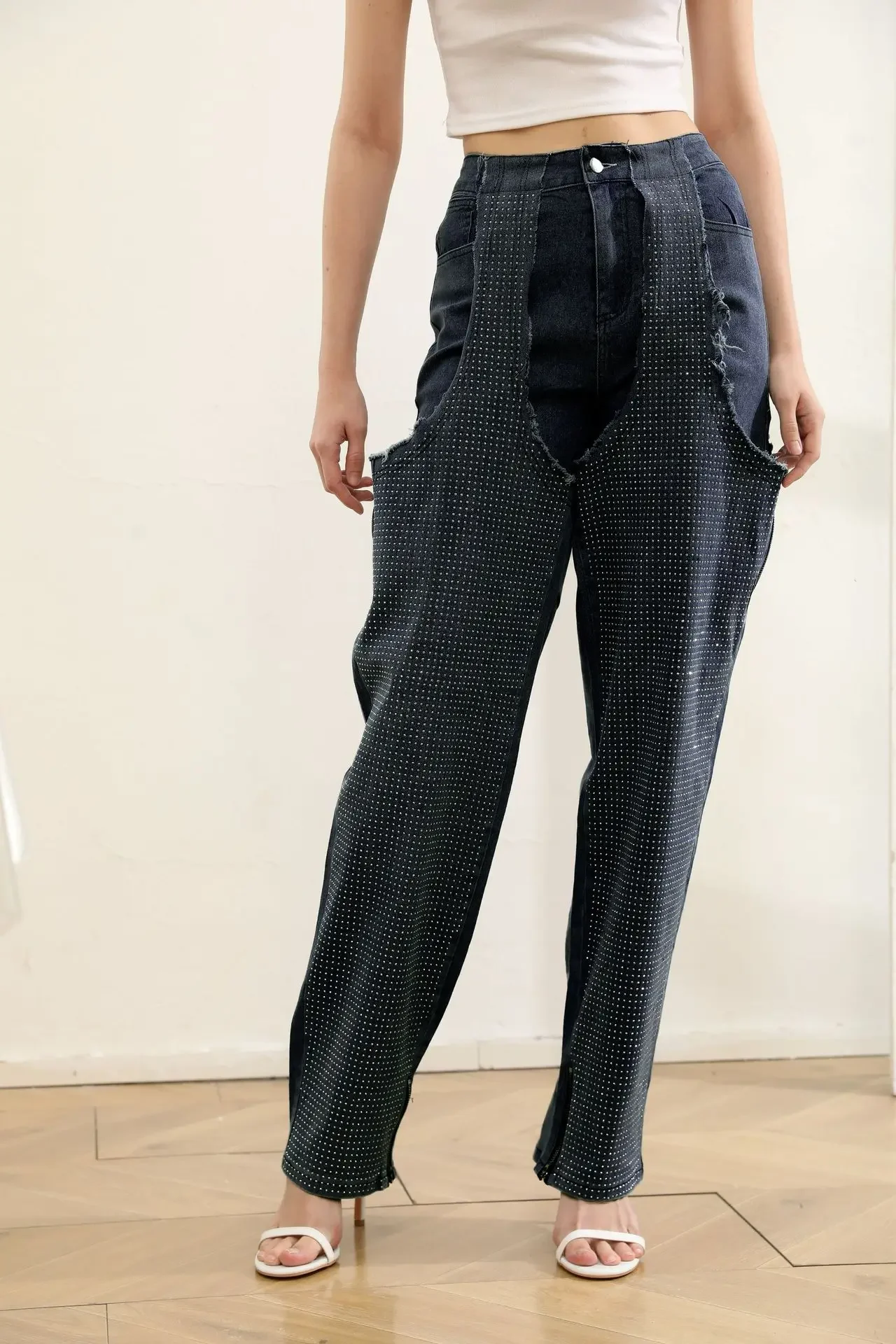 

Jean Women Hollow Out High Waist Straight Jeans Washed Distressed Spliced Zipper Fly Ankle Length Trousers Loose Fit Casual