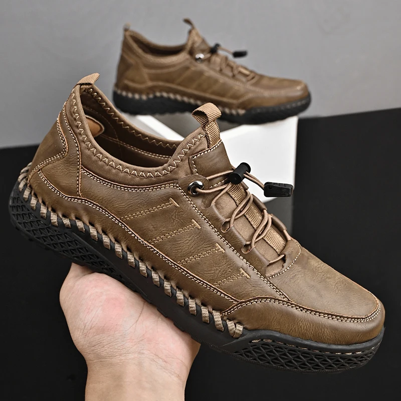 

Men Casual Shoes PU Hand Sewn Fashionable Flat Bottom Solid Color Lace Up Comfortable Breathable Business Shoes