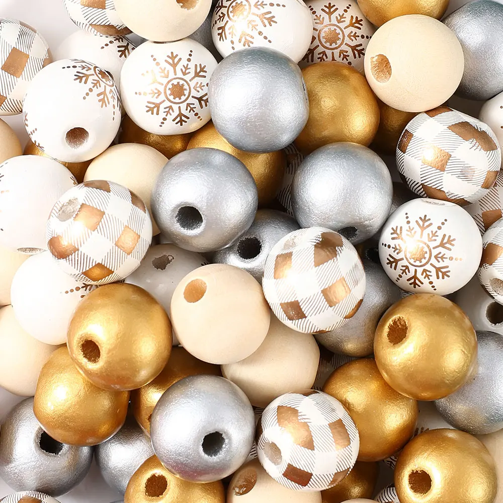 16mm 50Pcs Christmas Mix Wooden Round Beads Golden Silvery Snowflake Print Wood Beads for DIY Xmas Garland Jewelry Making Craft