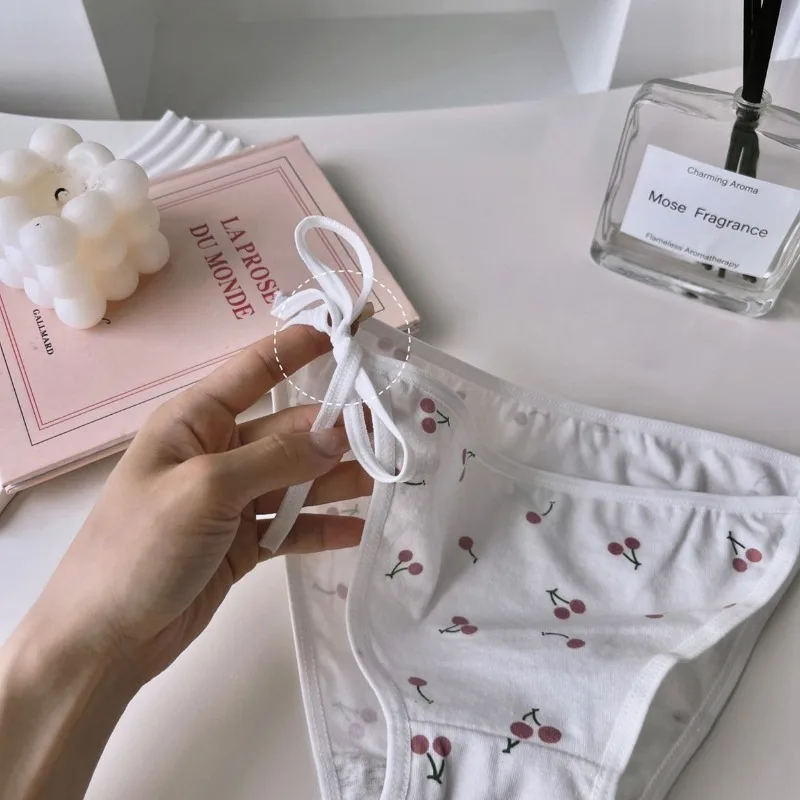 Lolita Sweet Cherry Pattern Cotton Panties Women Sexy White Pink Lace Up Strap Underwear Soft Low Waist Briefs Anime Maid Thongs - Image 6
